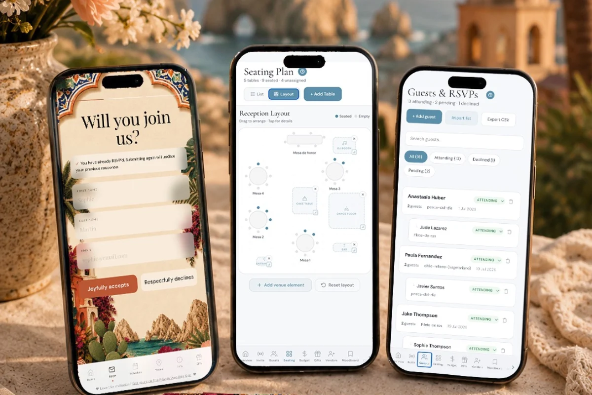 Destination wedding website for a Cabo San Lucas wedding: three phones showing the Talavera invitation RSVP, the reception seating plan and the guests and RSVPs list, with the Arch of Cabo San Lucas behind