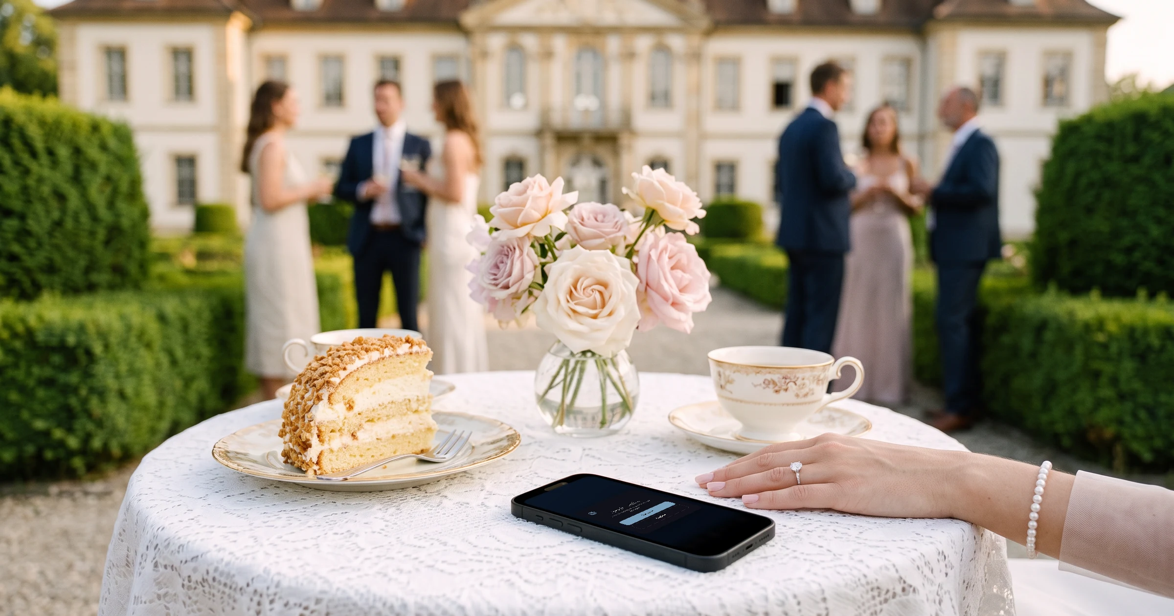 Deutsch-englische Hochzeit im Schlossgarten: Auf einem Spitzentisch mit Frankfurter Kranz, englischer Teetasse und Rosen liegt ein Handy mit der Sprachwahl der Einladung, Deutsch oder English, dahinter ein Barockschloss und Gäste