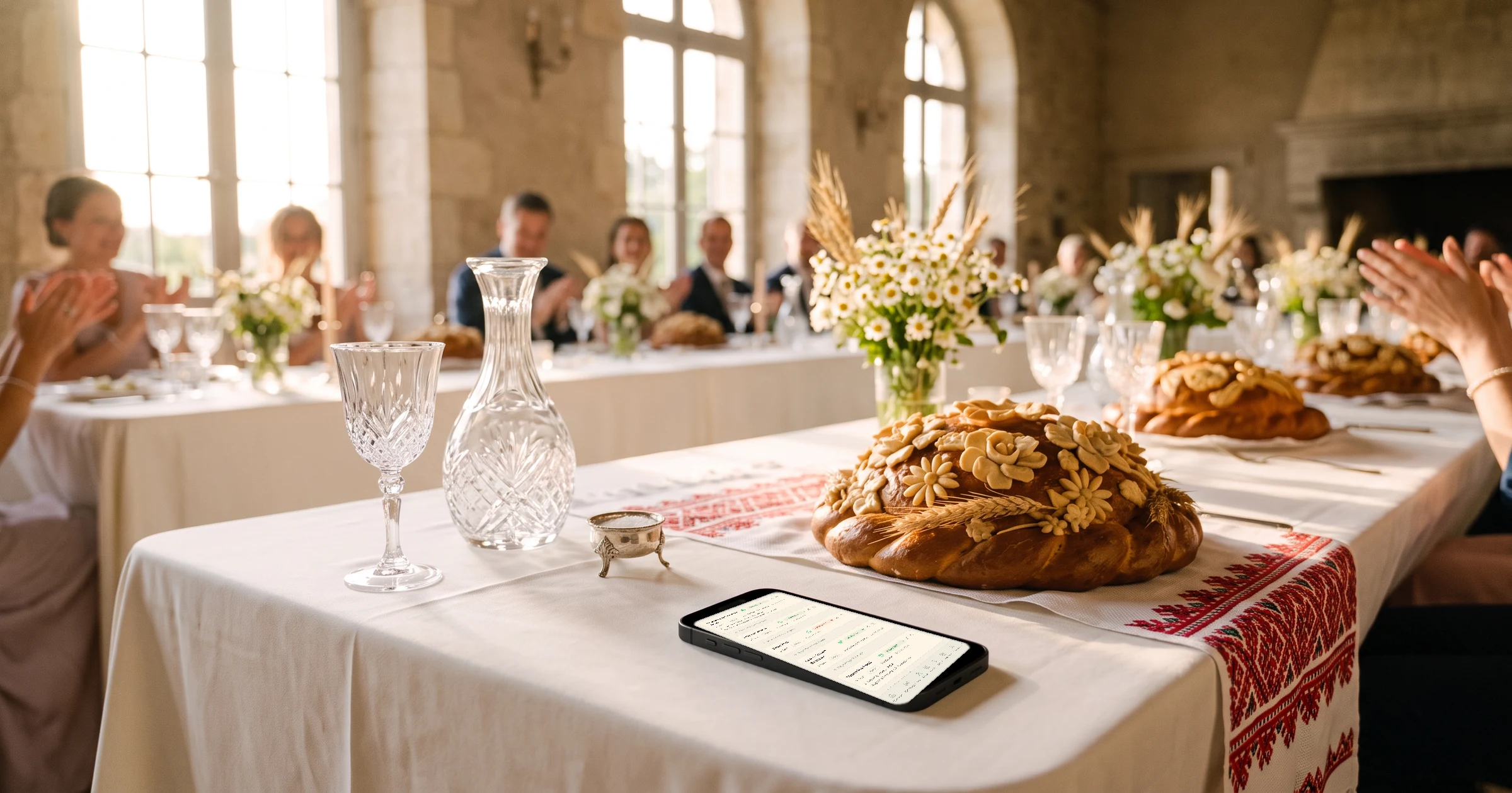 Deutsch-russische Hochzeit: Auf der Festtafel neben einem Karawai auf besticktem Ruschnyk, Kristallgläsern und Kamille liegt ein Handy mit der Gästeliste, Zugesagt und Abgesagt und einem WhatsApp-Knopf pro Gast, im hellen Saal feiern die Gäste