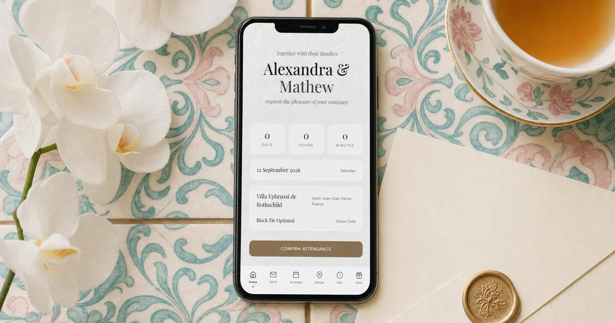 Digital wedding invitation Singapore: a phone showing an e-invite cover for Alexandra & Mathew with countdown, date, venue and Confirm Attendance button, lying on Peranakan tiles beside white orchids, tea and a sealed envelope