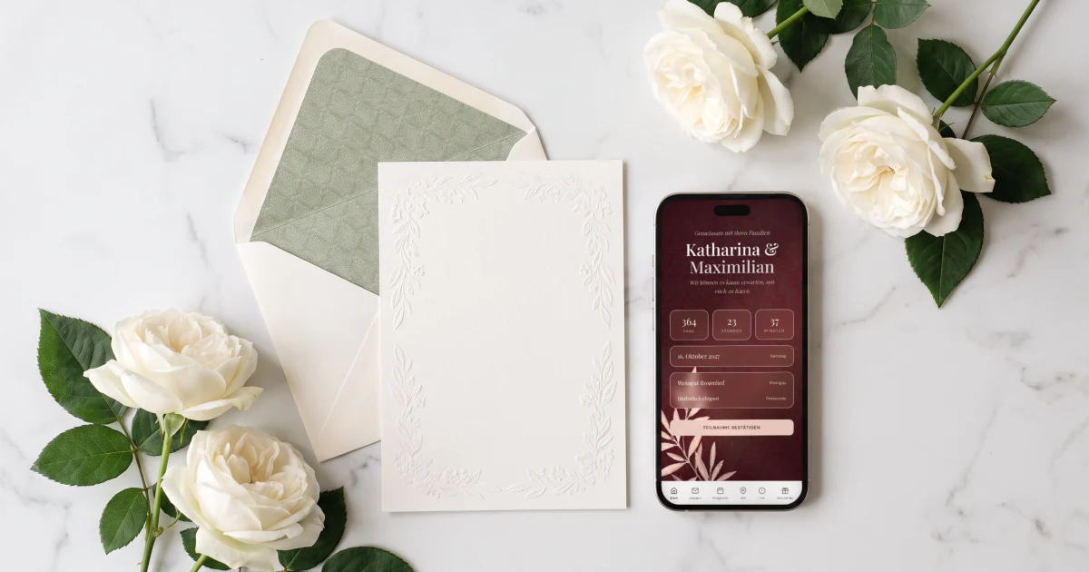Digitale Hochzeitseinladung: ein Handy zeigt eine digitale Einladung auf Deutsch neben einer Papiereinladung