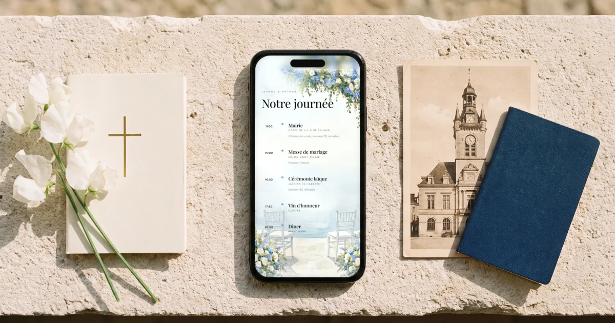 Combien de temps dure une cérémonie de mariage : un téléphone affiche le programme horaire, mairie, messe et cérémonie laïque, à côté d'un livret de messe et d'une carte postale de l'hôtel de ville