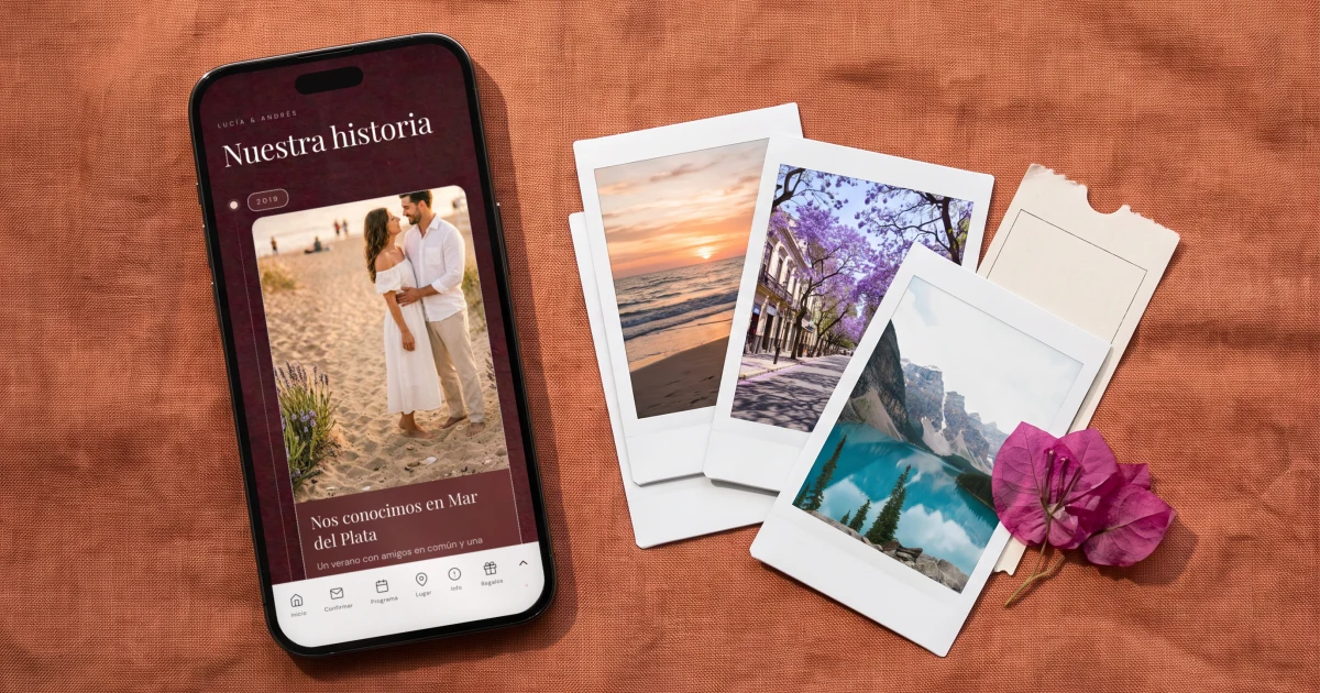 Nuestra historia para la página web de boda: un teléfono muestra la historia con fotos junto a fotos instantáneas y una bugambilia