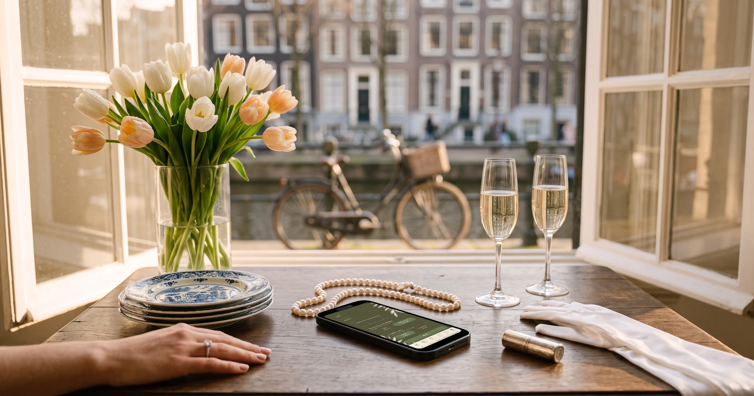 English and Dutch wedding invitation on a phone with separate RSVPs for the ceremony and dinner and the evening party, on a canal house table in Amsterdam with white tulips, Delft blue plates, champagne and a bicycle by the canal