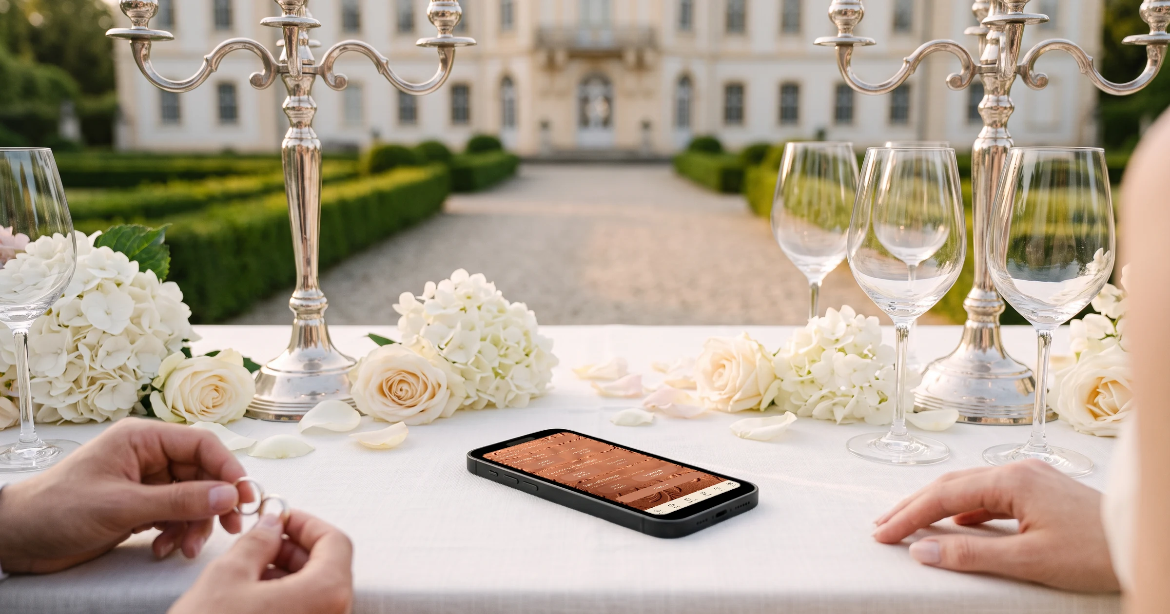 English and German wedding invitation on a phone with a separate RSVP for each event, on a white table in a German Schloss garden with silver candelabra, white hydrangeas, roses and Riesling glasses