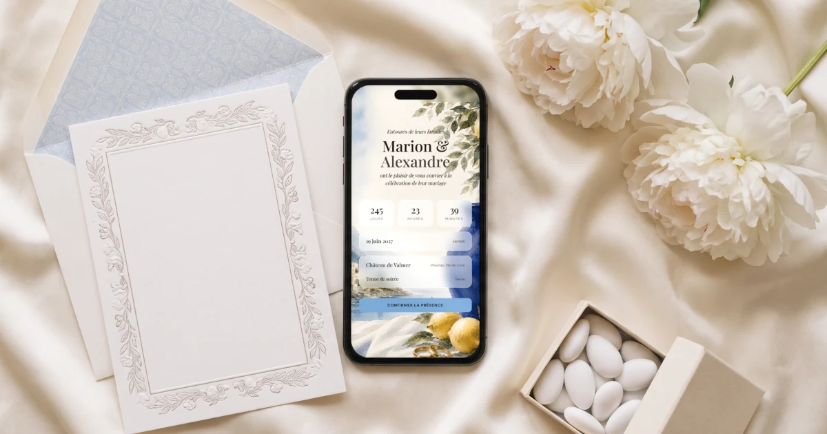 Faire-part de mariage numérique : un téléphone affiche un faire-part numérique en français à côté d'un faire-part papier et de dragées