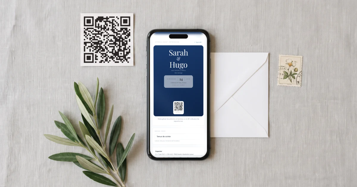 Envoyer le faire-part numérique : un téléphone affiche la carte QR à imprimer du faire-part, à côté d'une carte QR imprimée, d'une enveloppe et d'un timbre