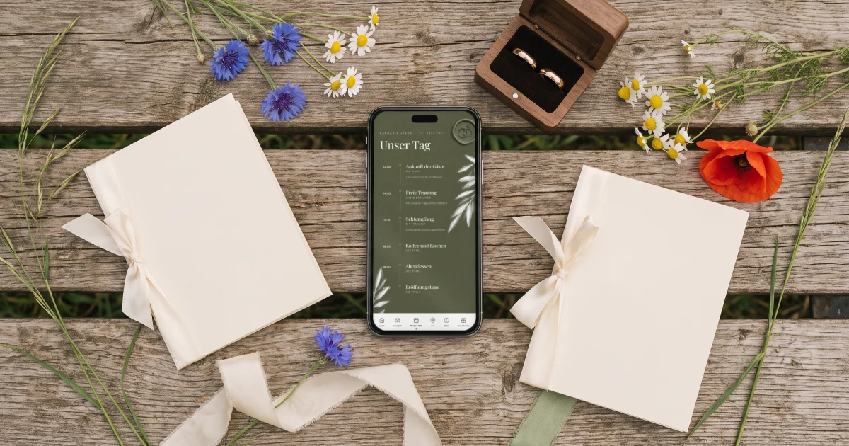 Freie Trauung Ablauf: ein Handy zeigt den Ablauf der Zeremonie neben Ehegelübde-Heften, Ringen und Wiesenblumen