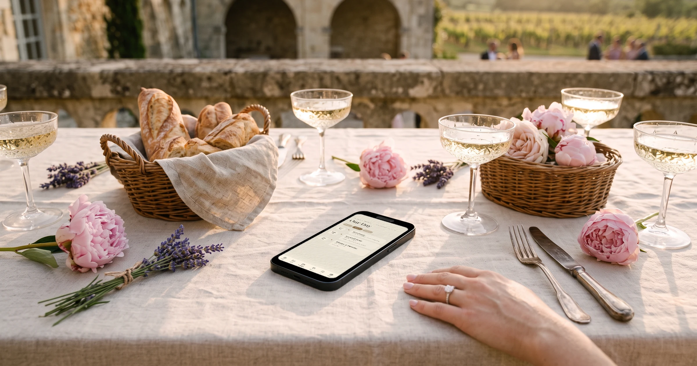 French and English wedding in France: a phone on a linen-covered vineyard terrace table shows the bilingual invitation's weekend schedule, beside champagne coupes, baguettes, peonies, lavender and a bride's hand with her ring