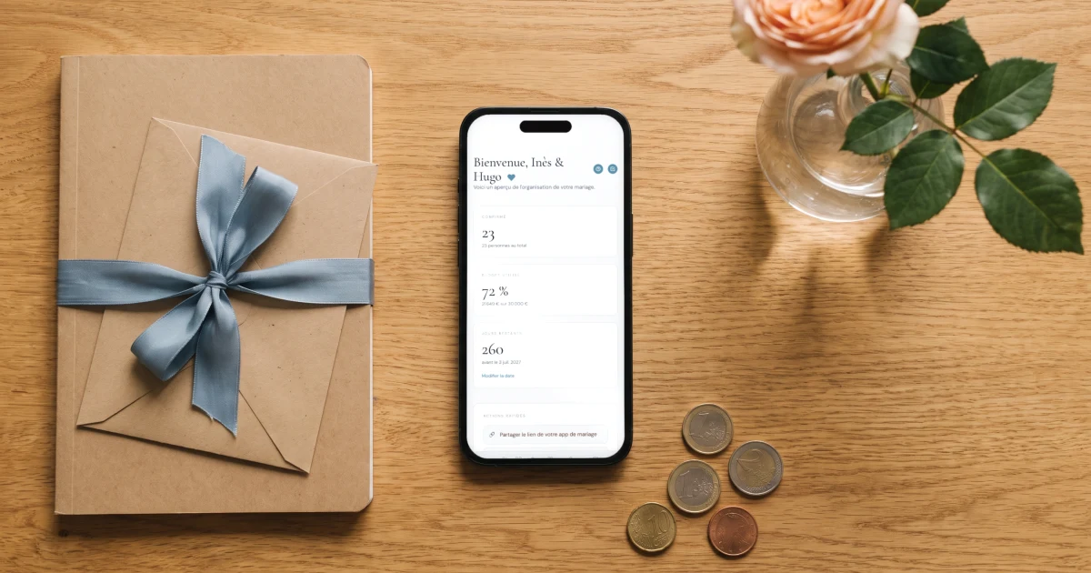 Gérer liste d'invités et budget de mariage : un téléphone affiche les invités présents et le budget utilisé sur un même tableau de bord
