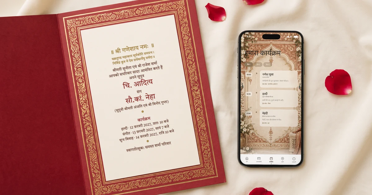 हिंदी शादी कार्ड के शब्दों का क्रम दिखाता खुला कार्ड: ऊपर श्री गणेशाय नमः, बीच में चि. और सौ.कां. के साथ वर-वधू के नाम, नीचे फंक्शन की तारीख़ें और स्वागतोत्सुक