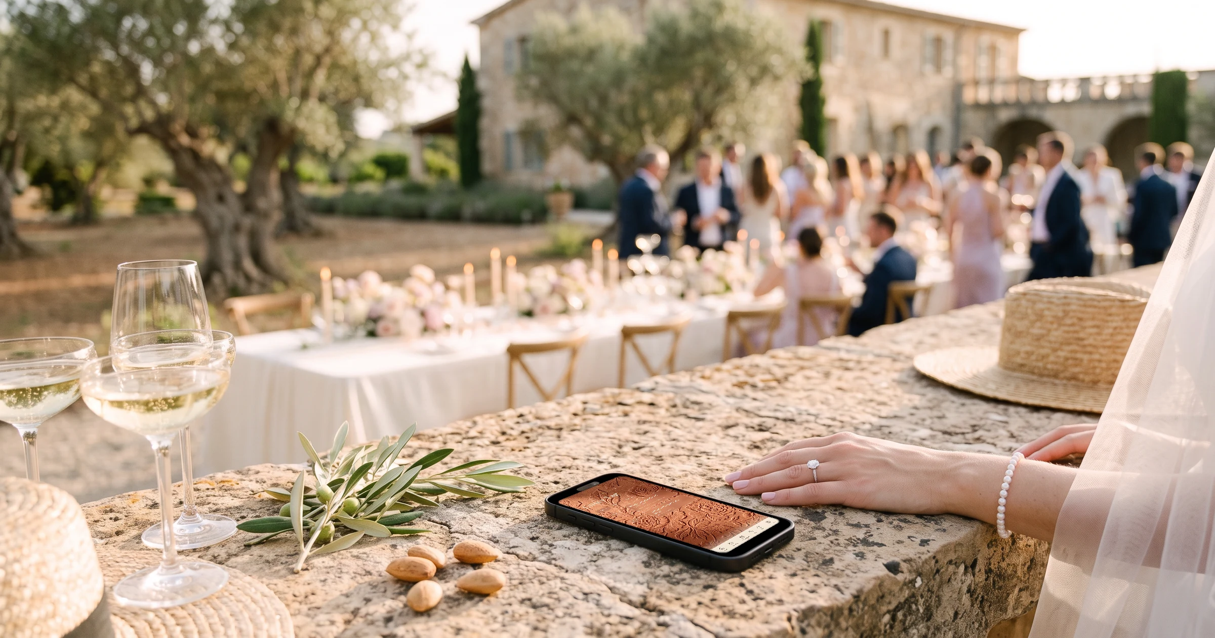 Hochzeit im Ausland auf einer Finca auf Mallorca: Auf einer Steinmauer im goldenen Abendlicht liegt neben Cava-Gläsern, Olivenzweig und der Hand der Braut ein Handy mit dem Ablauf Unser Tag und einem Tab pro Tag, dahinter Olivenbäume und eine lange Tafel mit Gästen