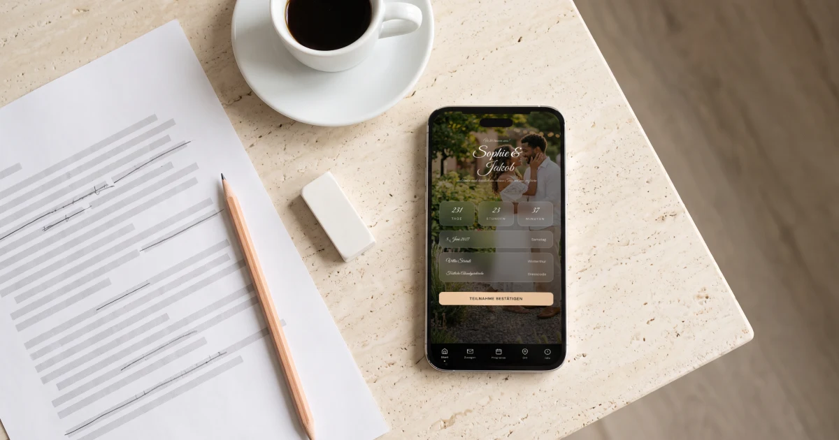 Hochzeitseinladung Text: ein Handy zeigt den Einladungstext neben einem Textentwurf mit Bleistiftnotizen und einer Tasse Kaffee