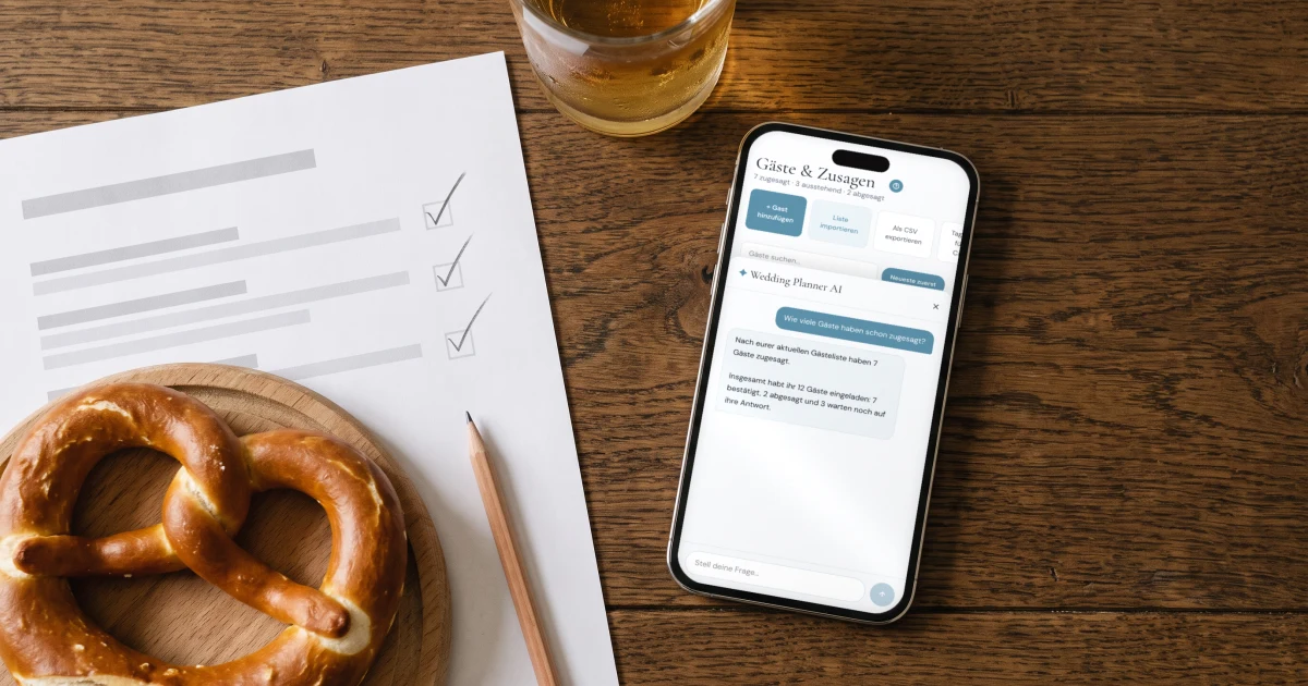 Hochzeitsplanung im KI-Assistenten: ein Handy zeigt den KI-Assistenten der App, der mit den echten Zusagen der Gästeliste antwortet