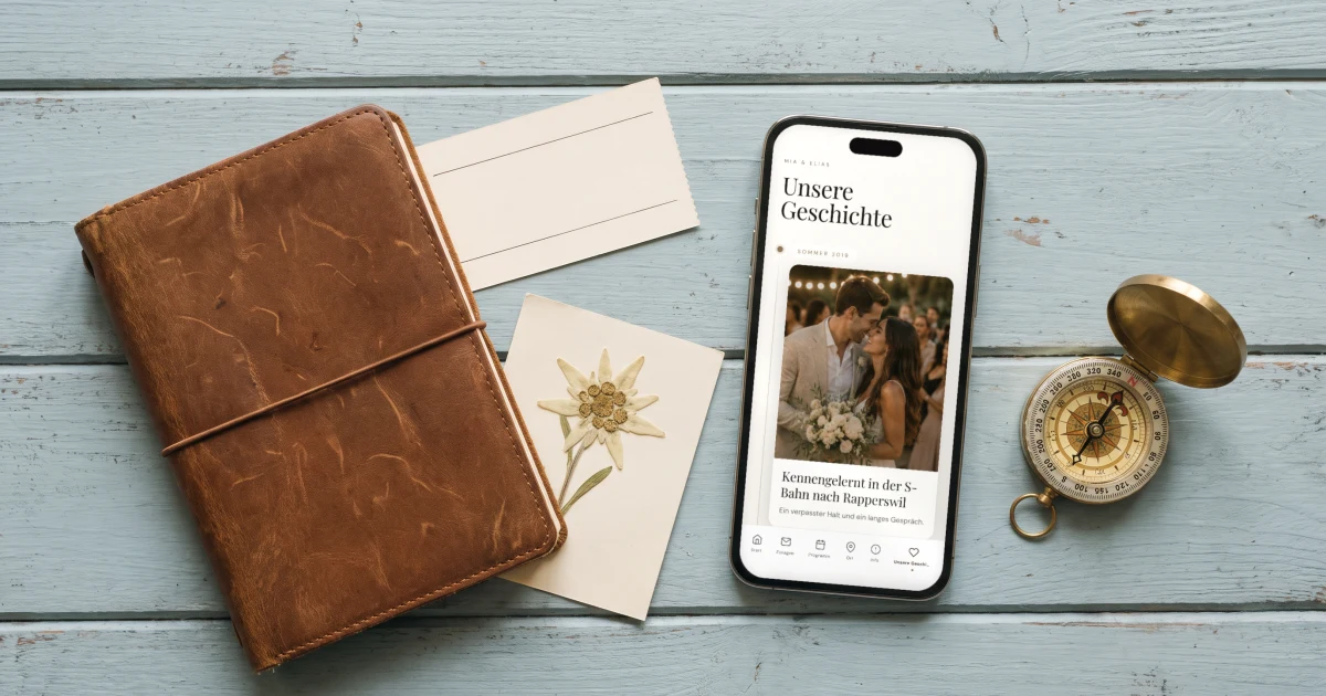 Unsere Geschichte für die Hochzeitswebsite: ein Handy zeigt die Seite mit Foto und Text neben einem Reisetagebuch aus Leder, einem gepressten Edelweiß und einem Kompass