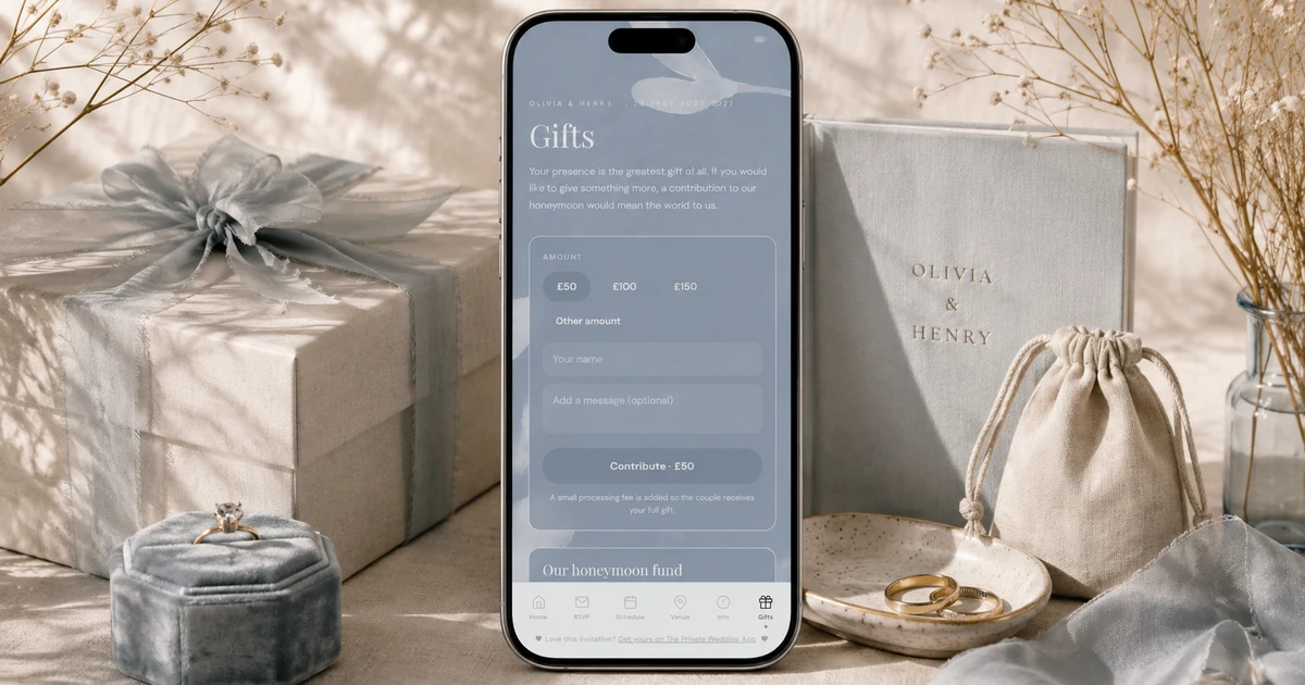 Honeymoon fund inside a digital wedding invitation - phone showing a baby blue Gifts page with cash gift amounts and a Contribute button, beside a dusty blue gift box, ring box and wedding rings