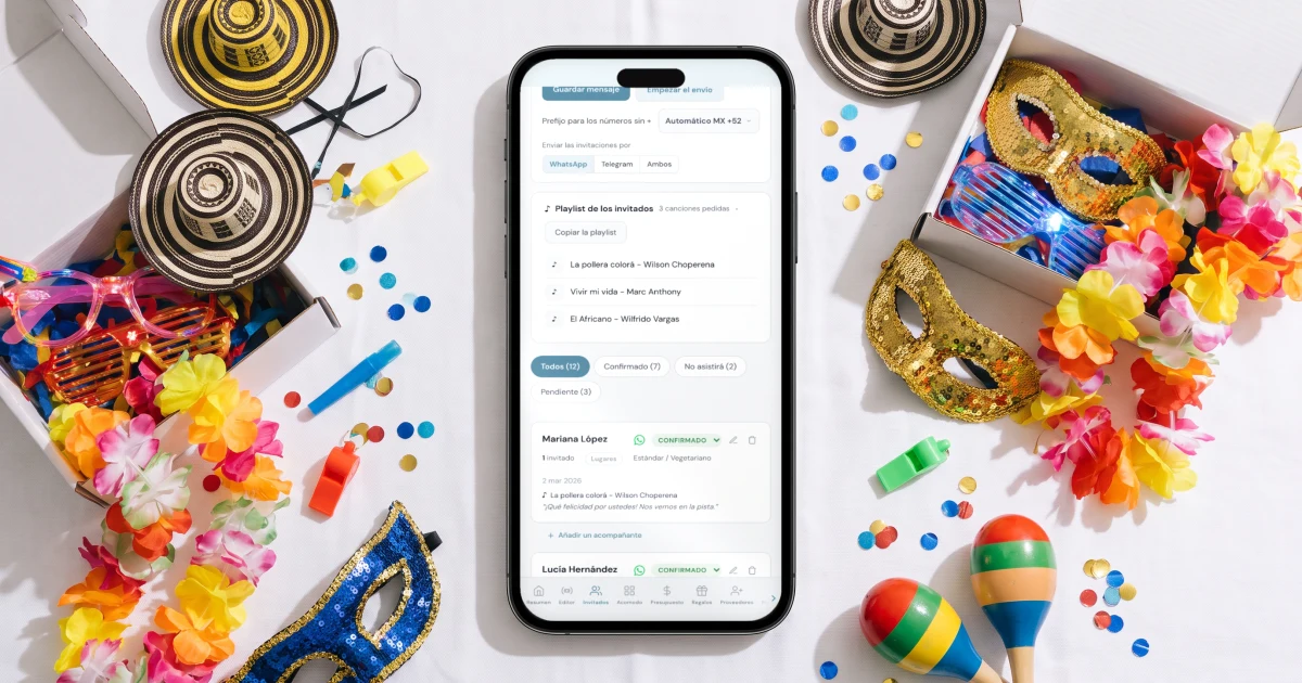 Hora loca en el matrimonio: un celular muestra la playlist con las canciones pedidas por los invitados, junto a un kit de hora loca con antifaces, collares hawaianos, gafas de luces y maracas