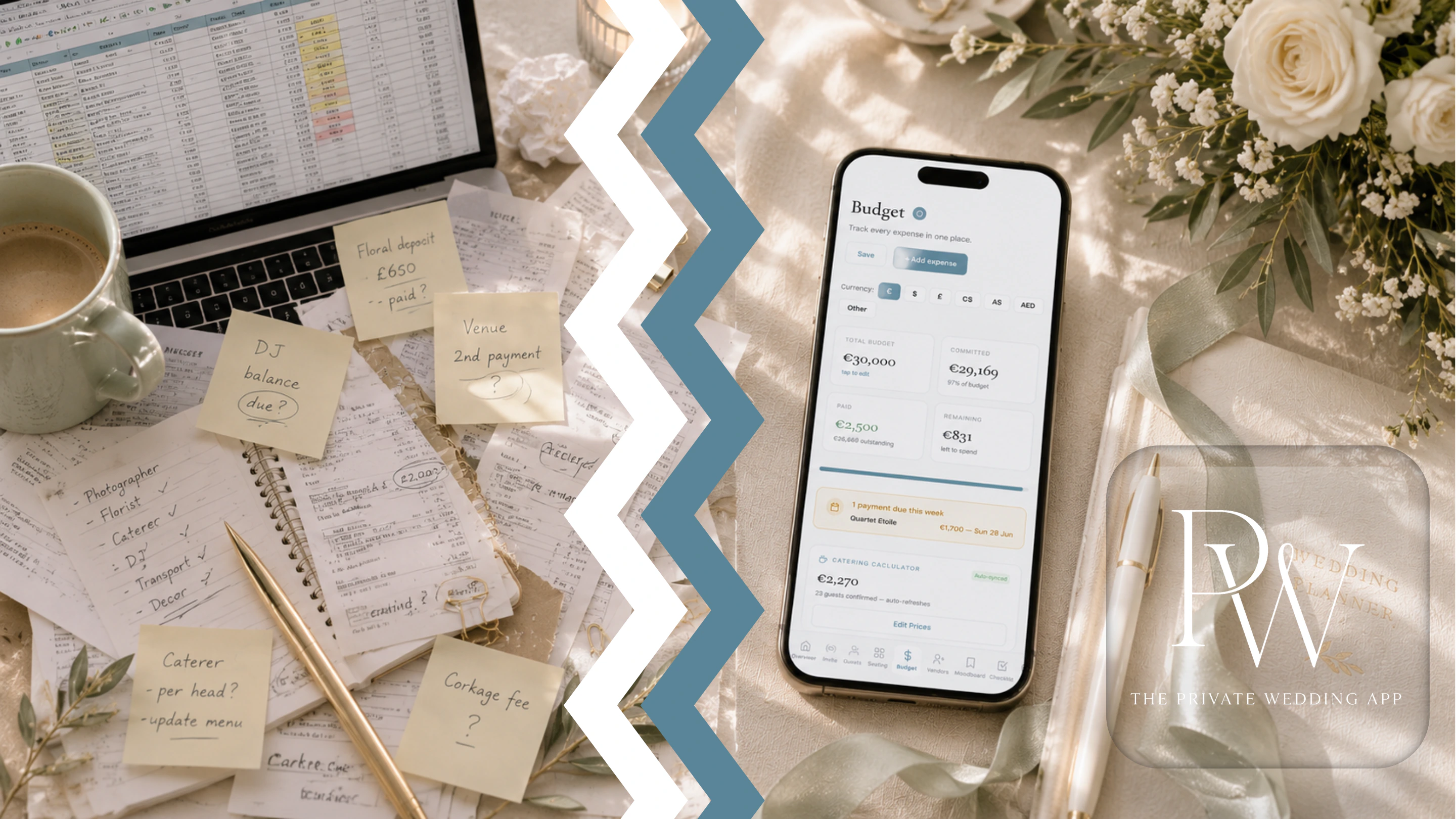 Wedding expense tracking comparison: messy spreadsheet with sticky notes for vendor deposits and payment due dates versus automated budget tracker app showing total budget, committed spend, catering calculator and payment reminders in euros