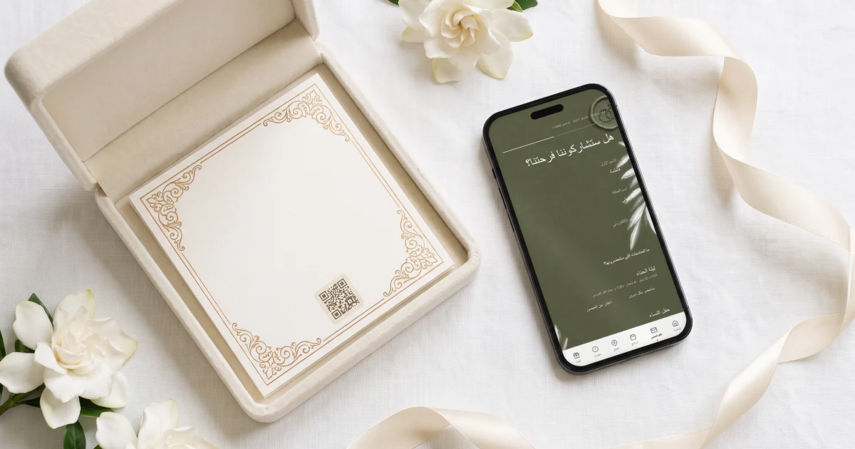 كرت دعوة زواج مطبوع أم دعوة إلكترونية: كرت فاخر بإطار ذهبي في علبة مخملية عليه ملصق QR، بجانب جوال يعرض صفحة تأكيد الحضور للدعوة نفسها بالعربية