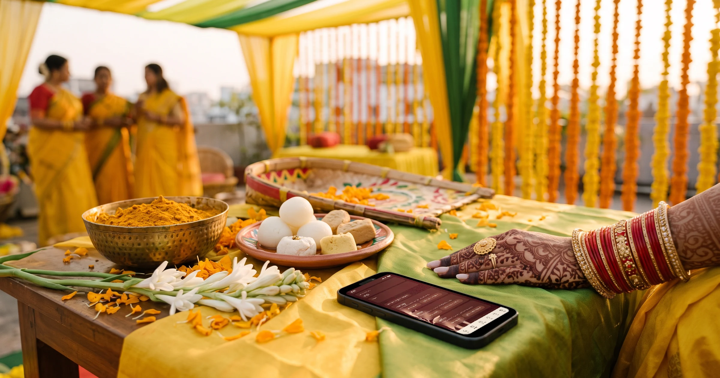 বিয়ের দাওয়াত হোয়াটসঅ্যাপে, কয়েক দিনের বিয়েতে আলাদা RSVP: ছাদের গায়ে হলুদে হলুদ-সবুজ শাড়ির ওপর কাঁচা হলুদের বাটি, মিষ্টি আর রজনীগন্ধার পাশে ফোন, যাতে বাংলায় গায়ে হলুদ, আকদ আর ওয়ালিমার আলাদা “সানন্দে আসছি” উত্তর দেখা যাচ্ছে; পাশে মেহেদি রাঙা কনের হাত