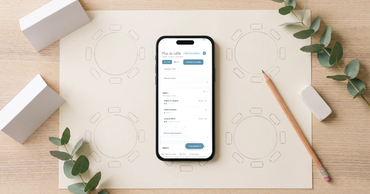Logiciel plan de table mariage : un téléphone affiche le plan de table en ligne à côté d'un croquis de tables rondes et de chevalets vierges