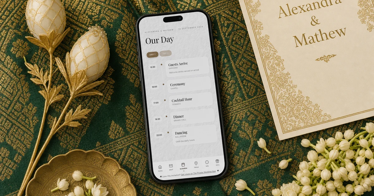 Malay wedding invitation, kad kahwin digital: a phone showing a two-day wedding programme on a digital invitation, lying on emerald and gold songket fabric with bunga telur, jasmine and a printed card for Alexandra & Mathew