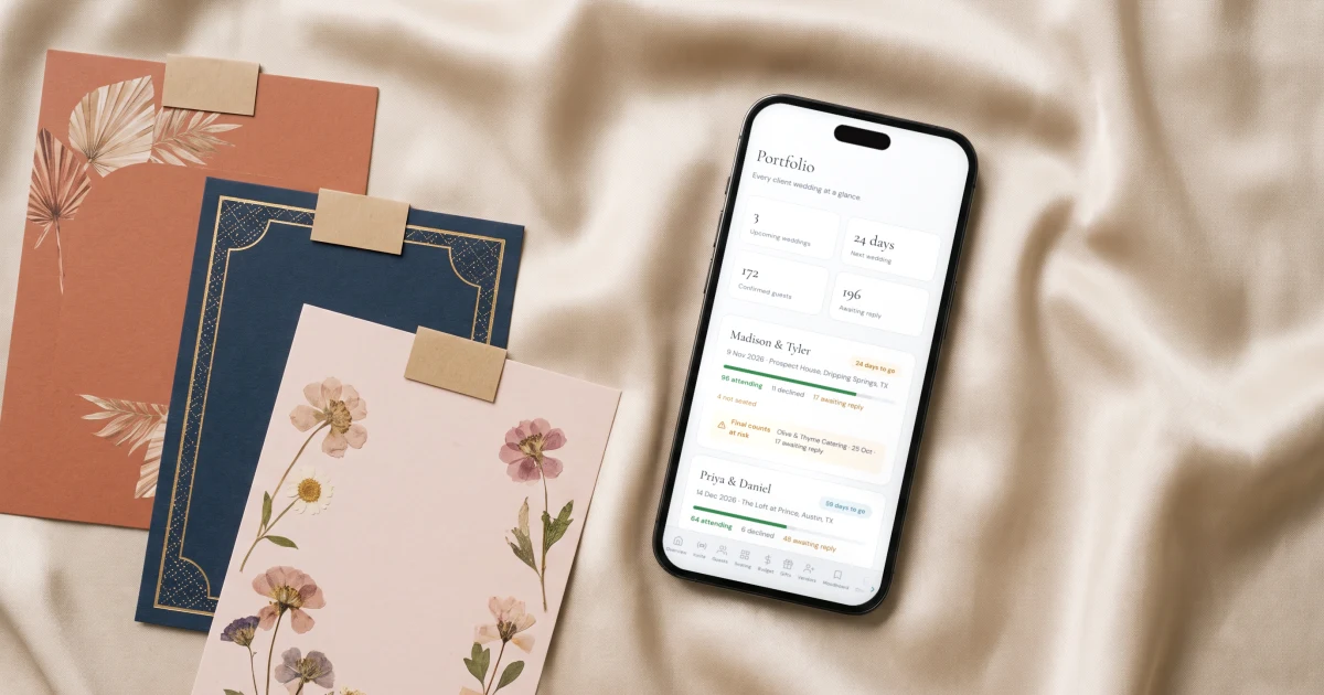 Manage RSVPs for multiple wedding clients: a phone shows several weddings with an alert on a final count at risk