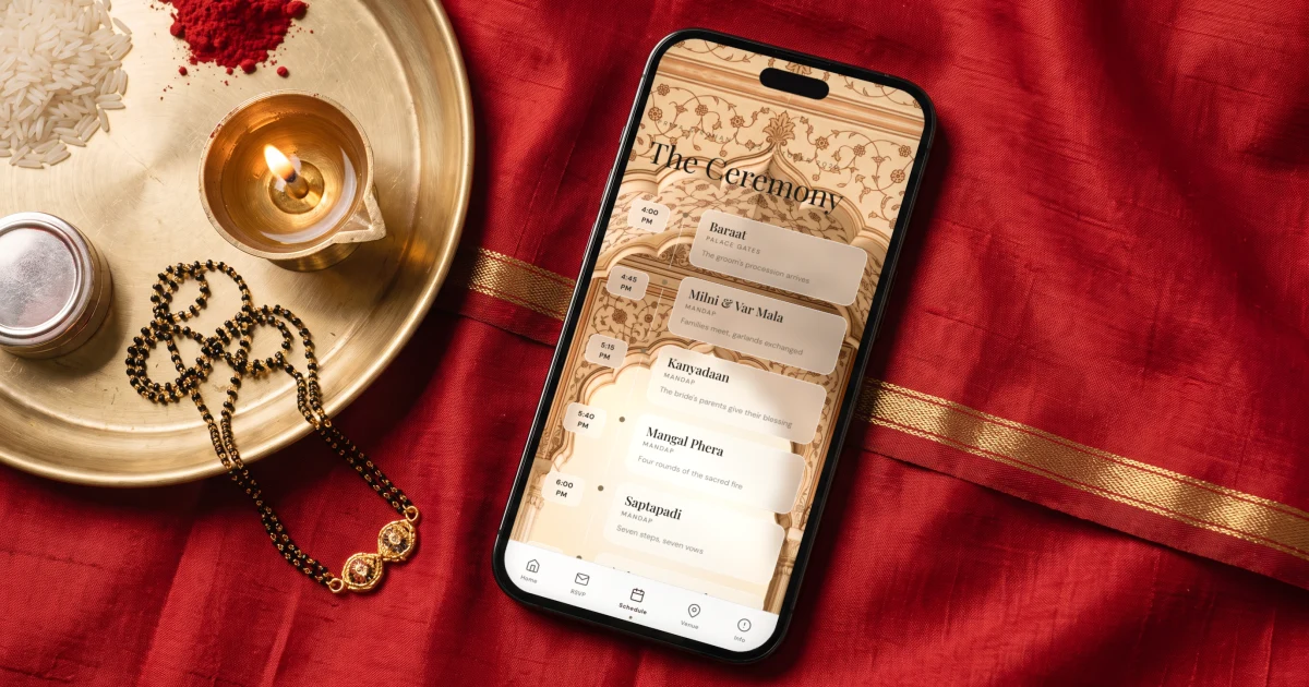 Mandap ceremony rituals in order: a puja thali with diya and sindoor next to the ceremony schedule
