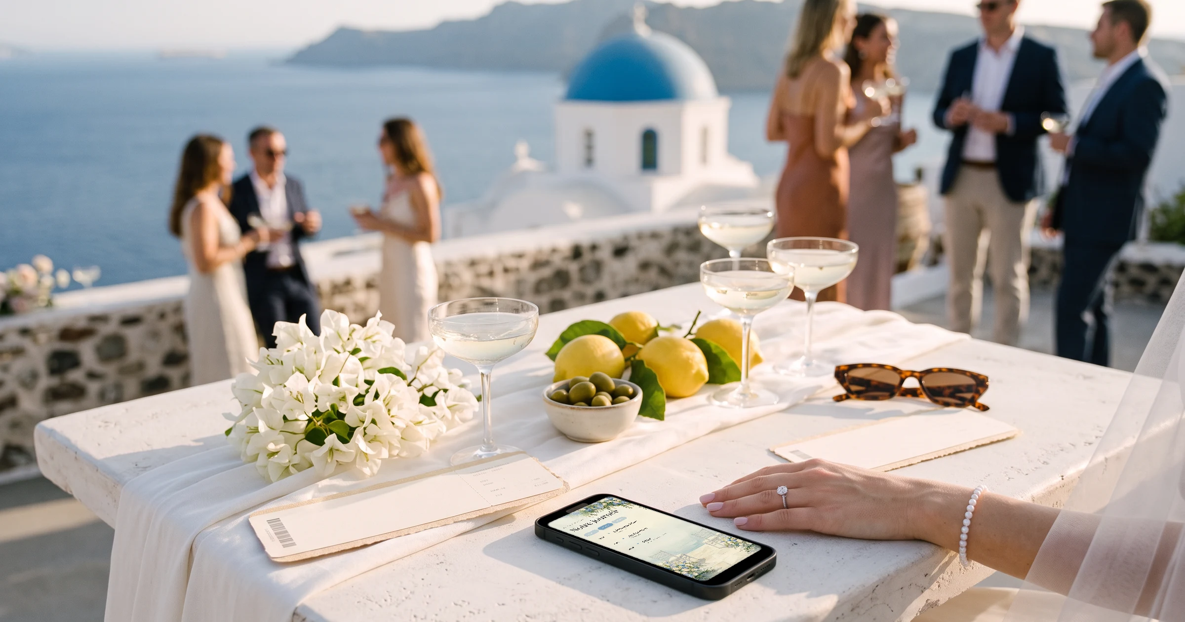 Mariage à l'étranger en Grèce avec invités venus en avion : sur une terrasse blanchie à la chaux face à la mer Égée et à un dôme bleu, un téléphone posé à plat affiche le programme Notre journée avec un onglet par jour, à côté de citrons, d'olives, de coupes de champagne et de cartes d'embarquement