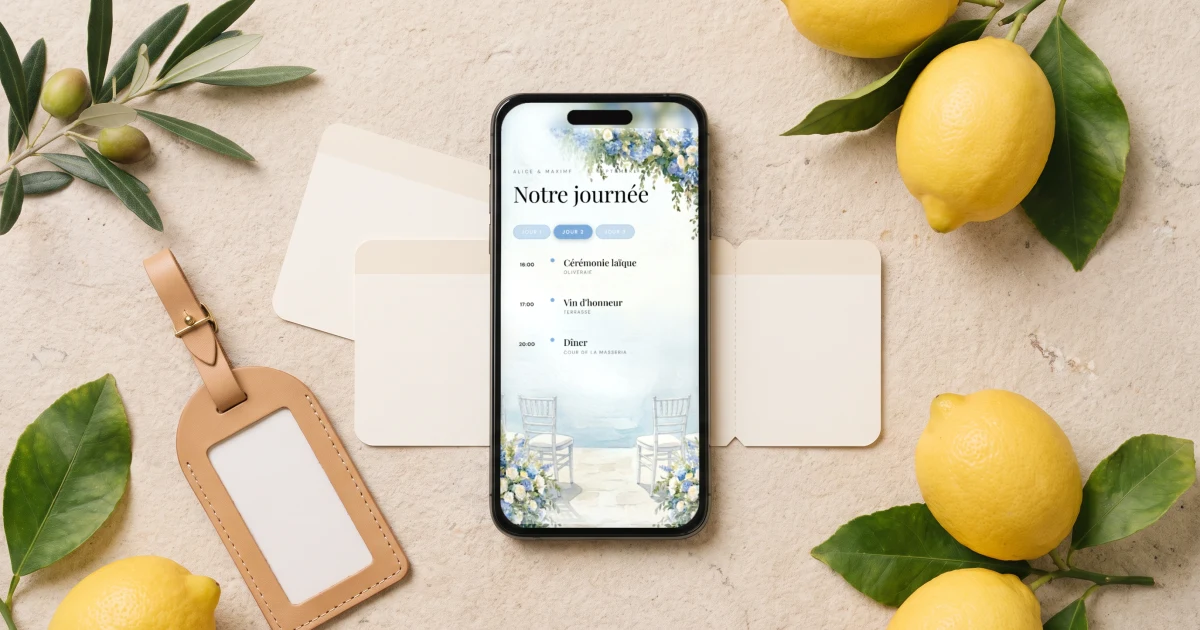 Mariage à l'étranger : un téléphone affiche le programme des invités sur trois jours à côté de cartes d'embarquement et de citrons