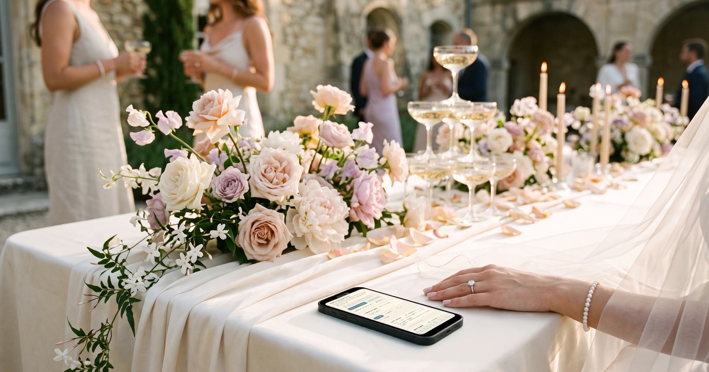 Mariage franco-anglais dans un château de Provence : sur la terrasse à l'heure dorée, la main de la mariée avec sa bague à côté d'un téléphone qui affiche la liste d'invités et ses boutons WhatsApp, une pyramide de coupes de champagne et des invités flous en arrière-plan