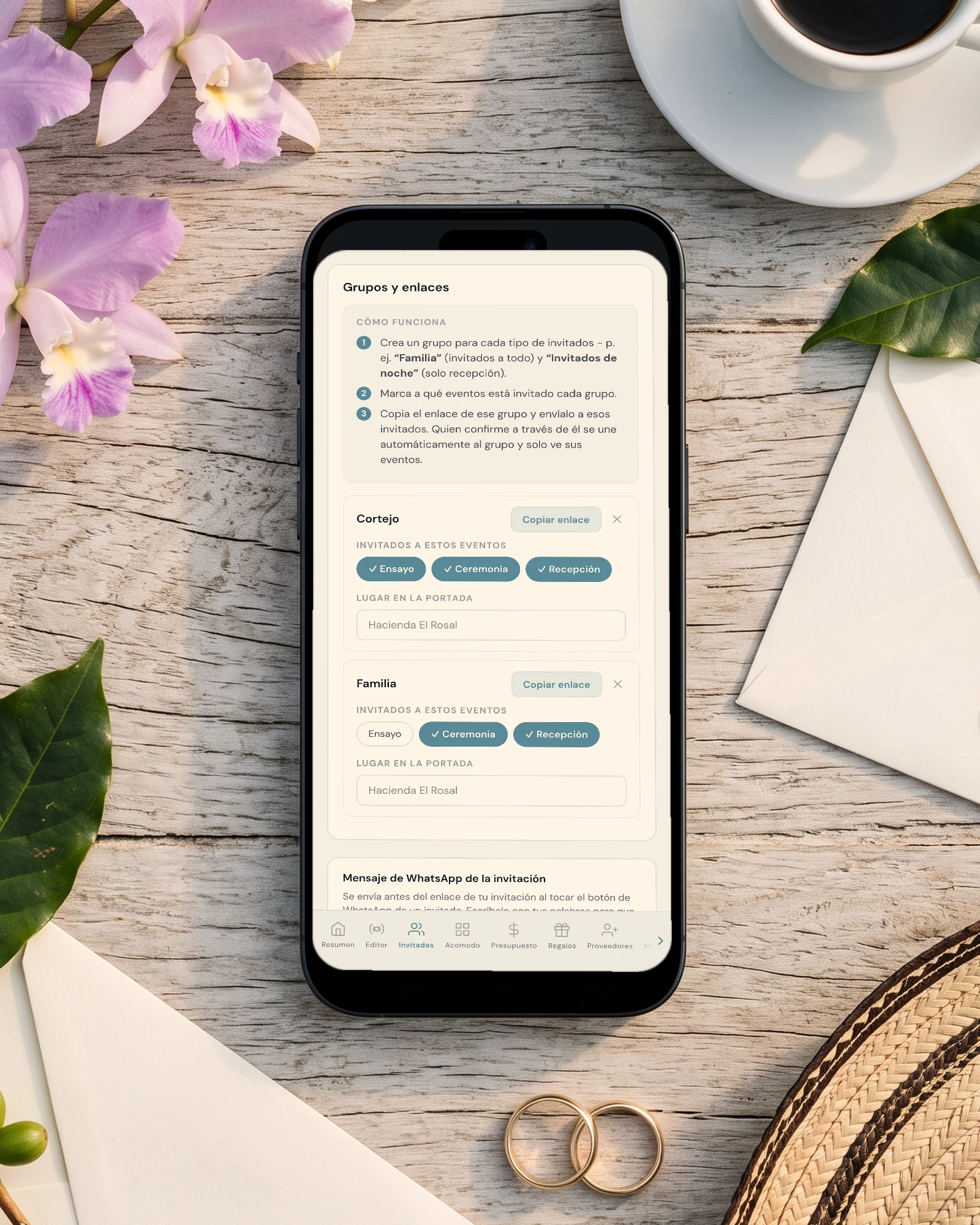 Invitados del matrimonio por grupo: el teléfono muestra los grupos y enlaces de la invitación, con los eventos de cada grupo (ensayo, ceremonia, recepción) y el mensaje de WhatsApp, entre orquídeas, café colombiano y un sombrero vueltiao