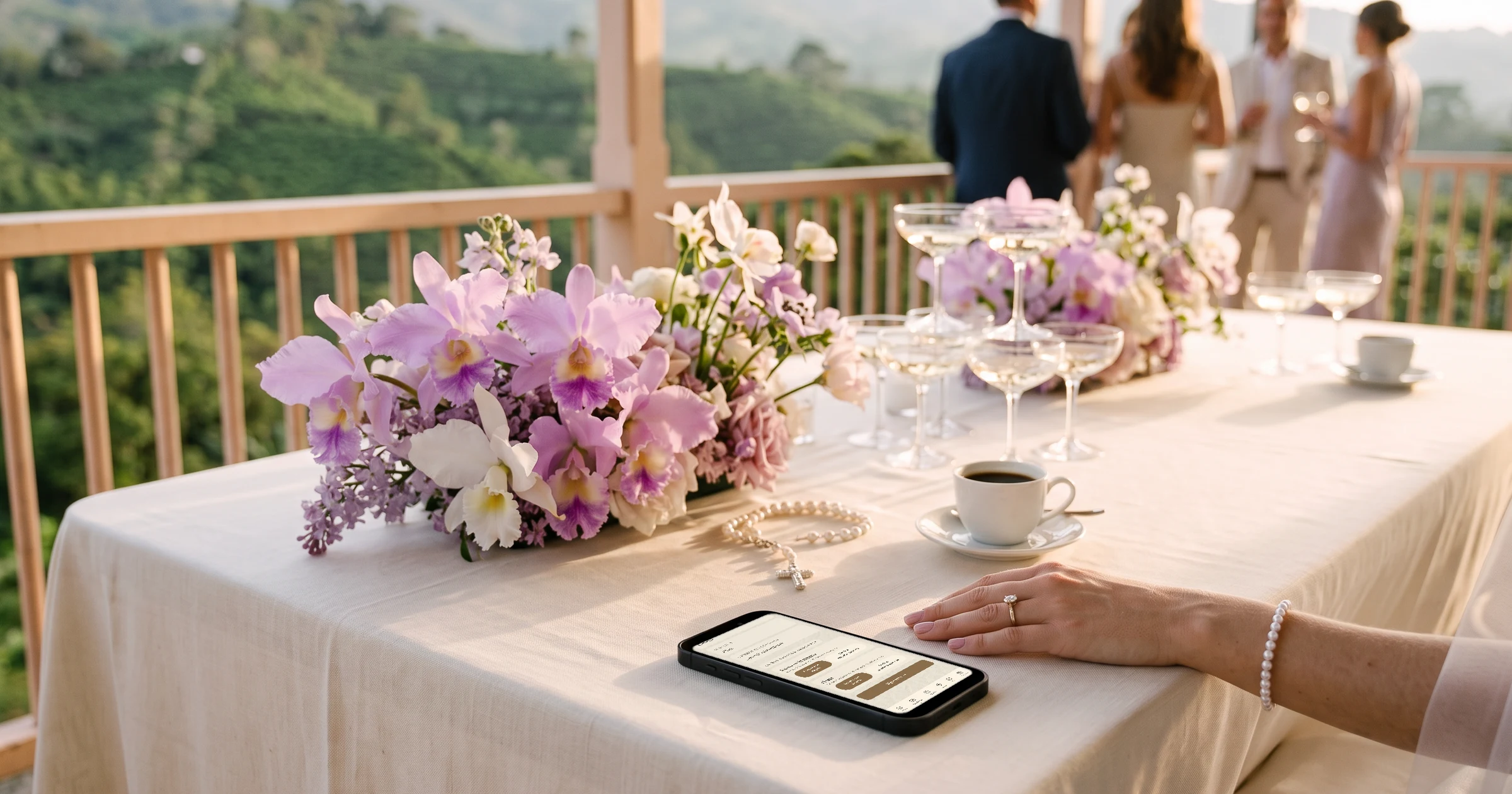 Matrimonio civil y católico con invitados por WhatsApp: en el balcón de una hacienda cafetera colombiana, un teléfono sobre la mesa muestra la confirmación de asistencia a la firma en la notaría y a la fiesta, junto a orquídeas Cattleya, un tinto y un rosario