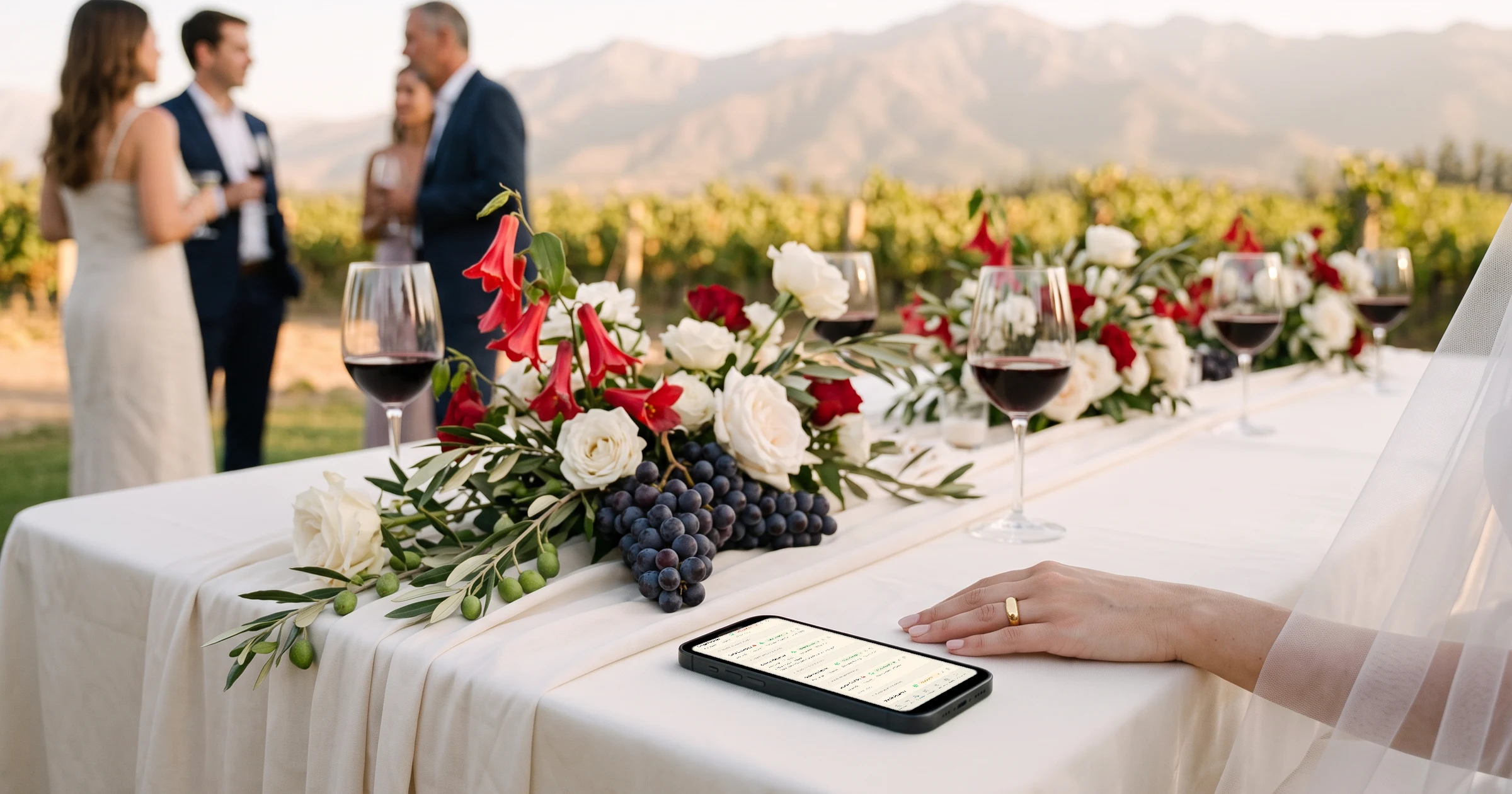 Matrimonio civil y religioso en Chile con invitados por WhatsApp: en un viñedo del valle de Colchagua con la cordillera al fondo, un teléfono muestra la lista de invitados con el botón de WhatsApp de cada uno, junto a copihues, uvas y copas de vino tinto