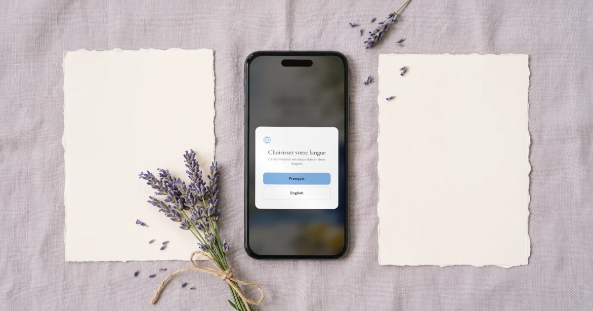 Meilleur faire-part de mariage bilingue : un téléphone affiche le choix de langue français ou anglais, à côté de deux faire-part papier et de lavande