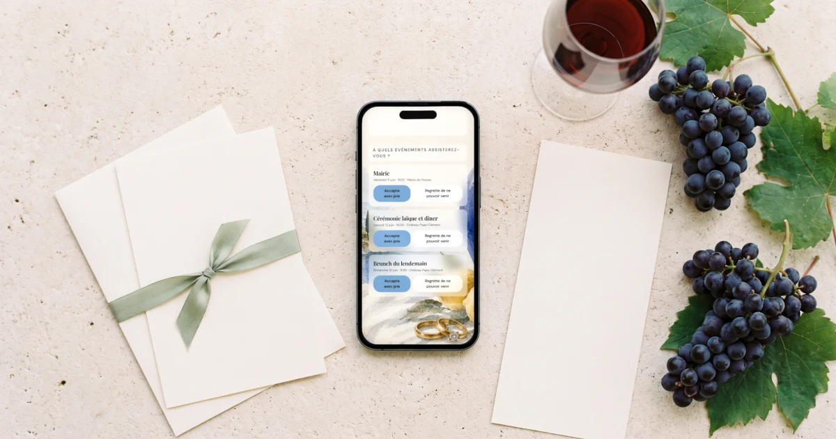 Meilleur RSVP pour un mariage en plusieurs temps : un téléphone affiche une réponse par événement, mairie, cérémonie et brunch
