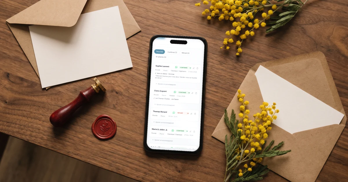 Meilleure application liste d'invités mariage : un téléphone affiche le suivi des réponses à côté d'enveloppes kraft, d'un cachet de cire et de mimosa
