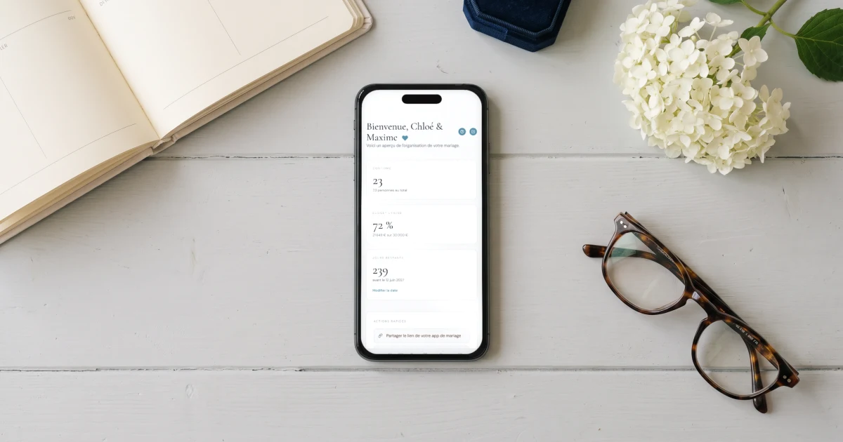 Meilleure application pour organiser son mariage : un téléphone affiche le tableau de bord du mariage à côté d'un agenda et d'une boîte à alliances