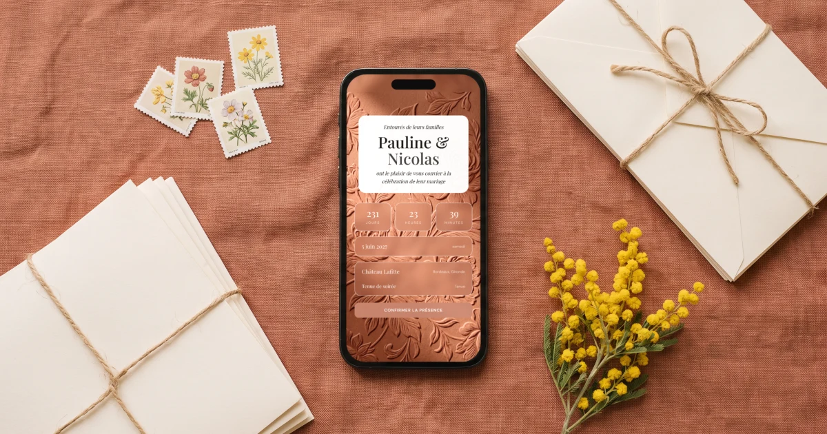 Meilleures applications de faire-part de mariage numérique : un téléphone affiche un faire-part ouvert à côté d'enveloppes