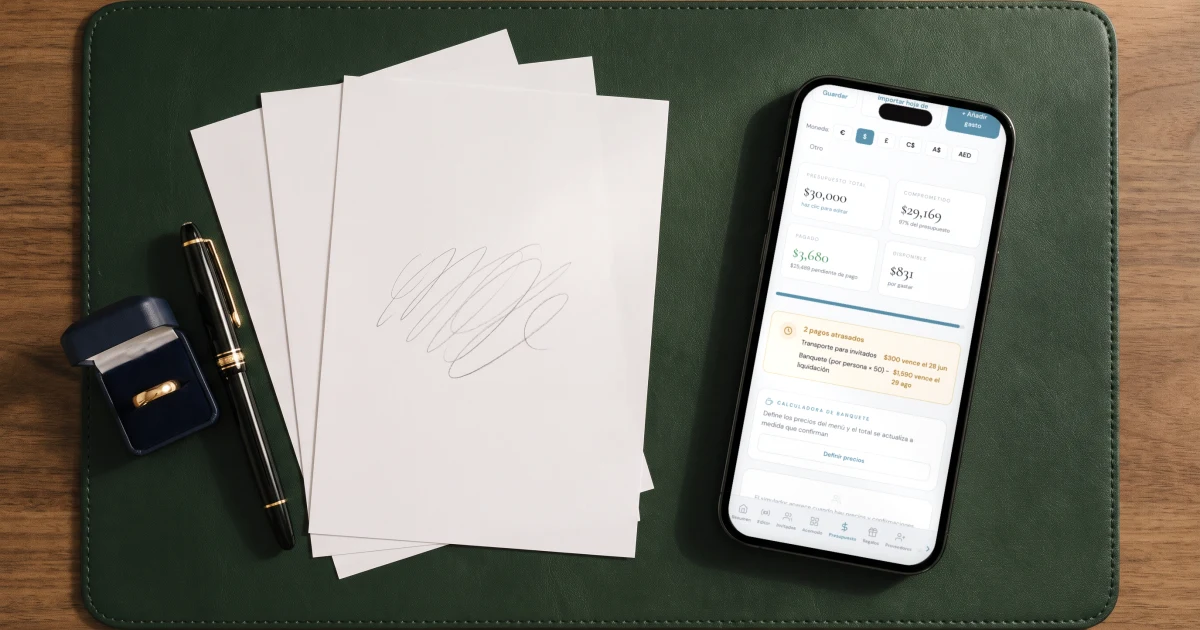Mejor app de presupuesto de boda: un teléfono muestra el presupuesto con pagado y pendiente junto a cotizaciones