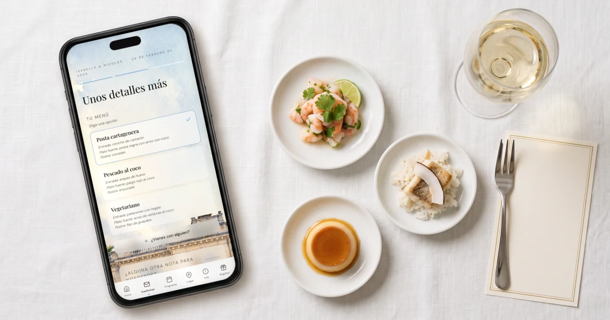 Menú de boda: un teléfono muestra la elección de menú y alergias de los invitados junto a una prueba de menú