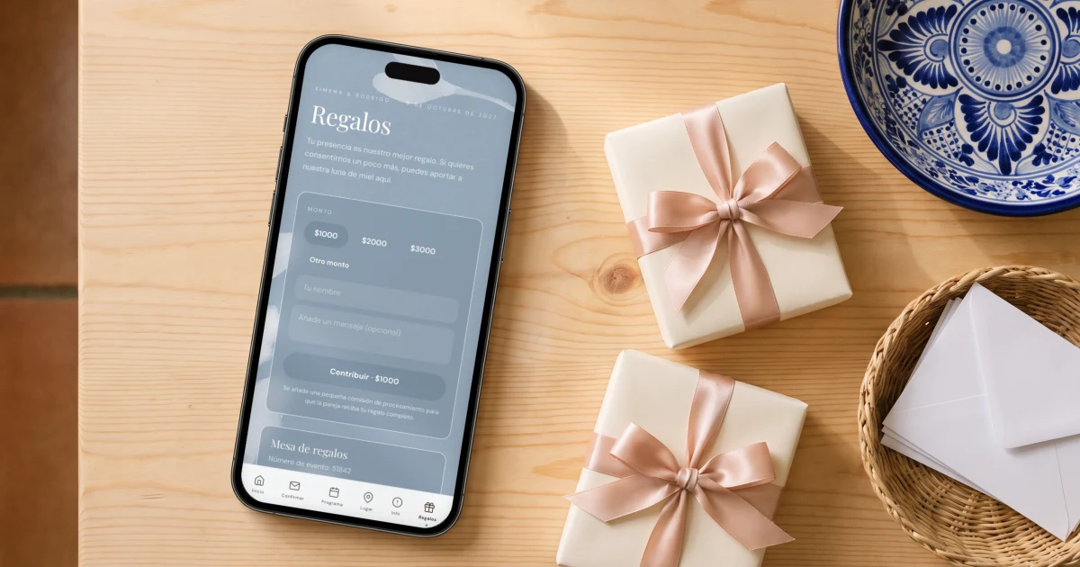Mesa de regalos de boda: un teléfono muestra la página de regalos de la invitación junto a cajas de regalo, un tazón de talavera y una canasta de sobres