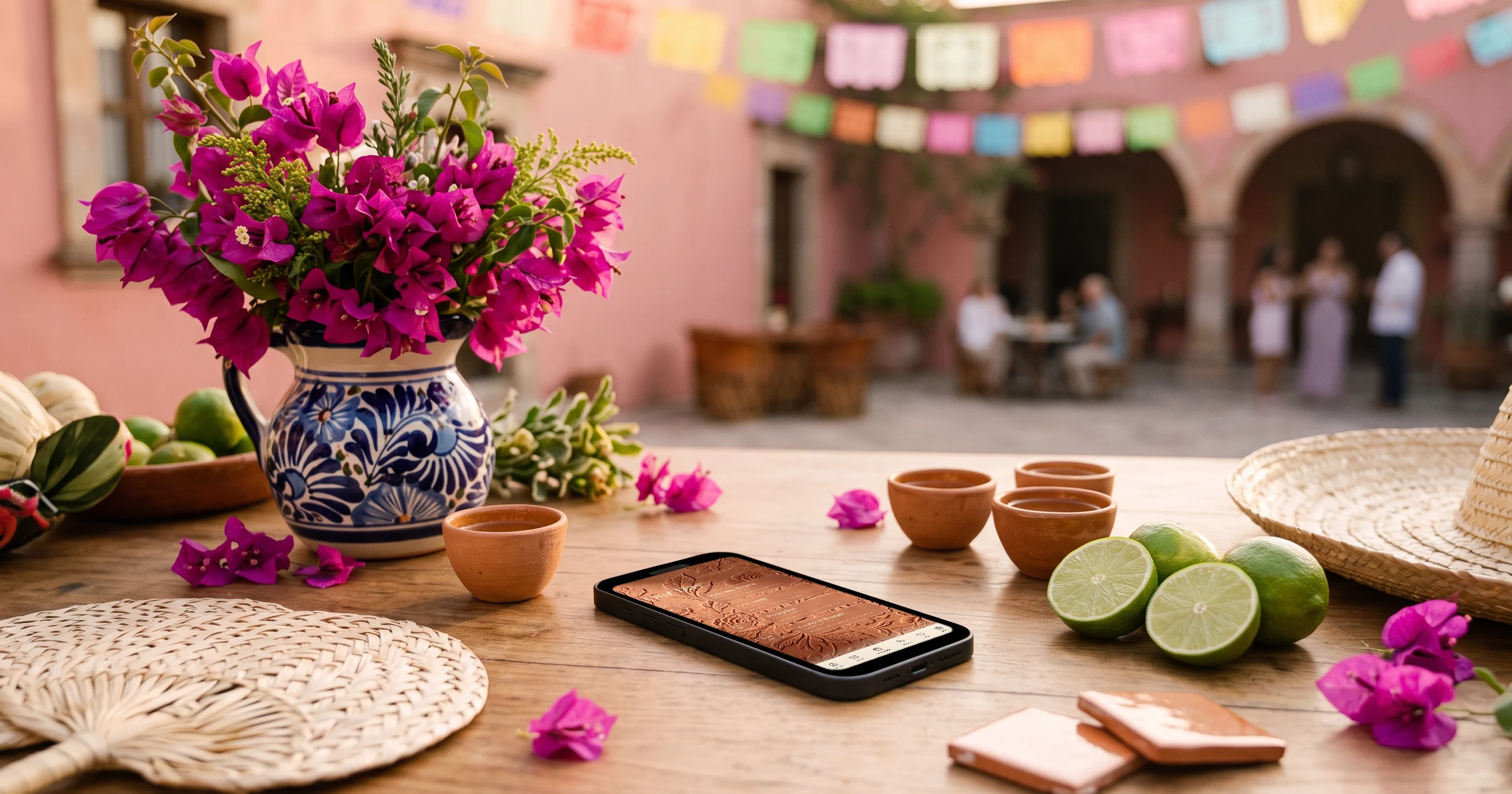 Mexico destination wedding invitation on a phone in a hacienda courtyard, showing the welcome drinks, ceremony, reception and farewell brunch, among talavera vases of bougainvillea, limes, clay copitas and papel picado