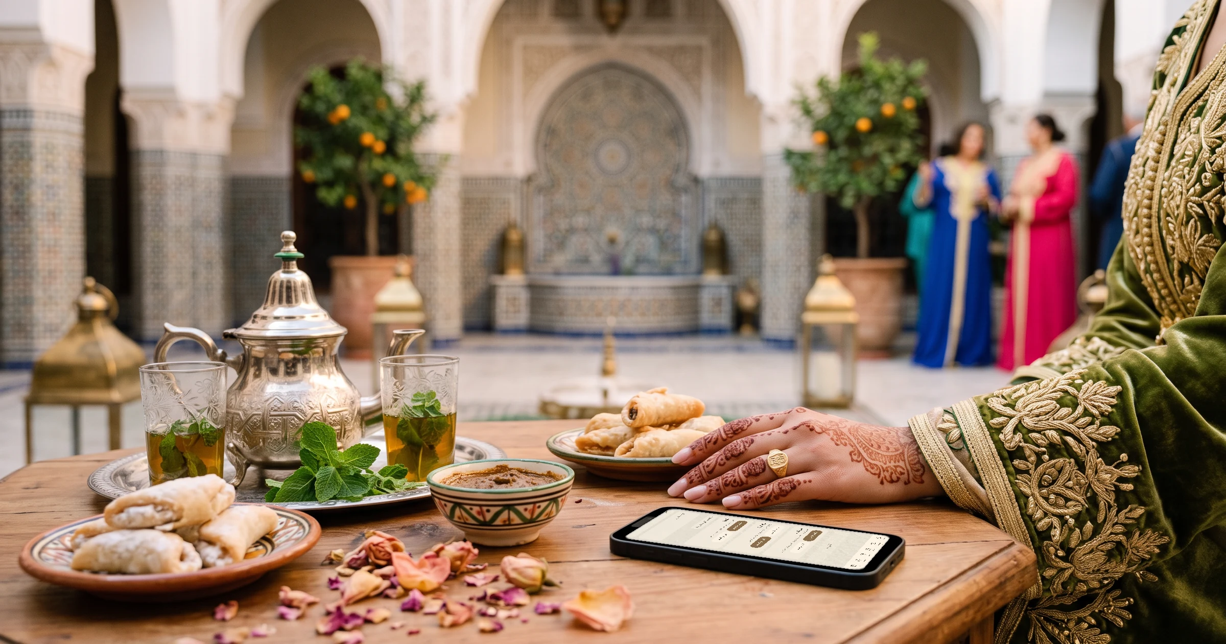 عرس مغربي بالحناء وعقد القران والعرس: جوال على طاولة خشب الأرز في رياض بمراكش، بجانب صينية الشاي بالنعناع وصحن الحناء وكعب الغزال، يعرض نموذج الرد بالعربية مع حضور أو اعتذار لكل مناسبة، ويد العروس المخضبة بالحناء بجانبه