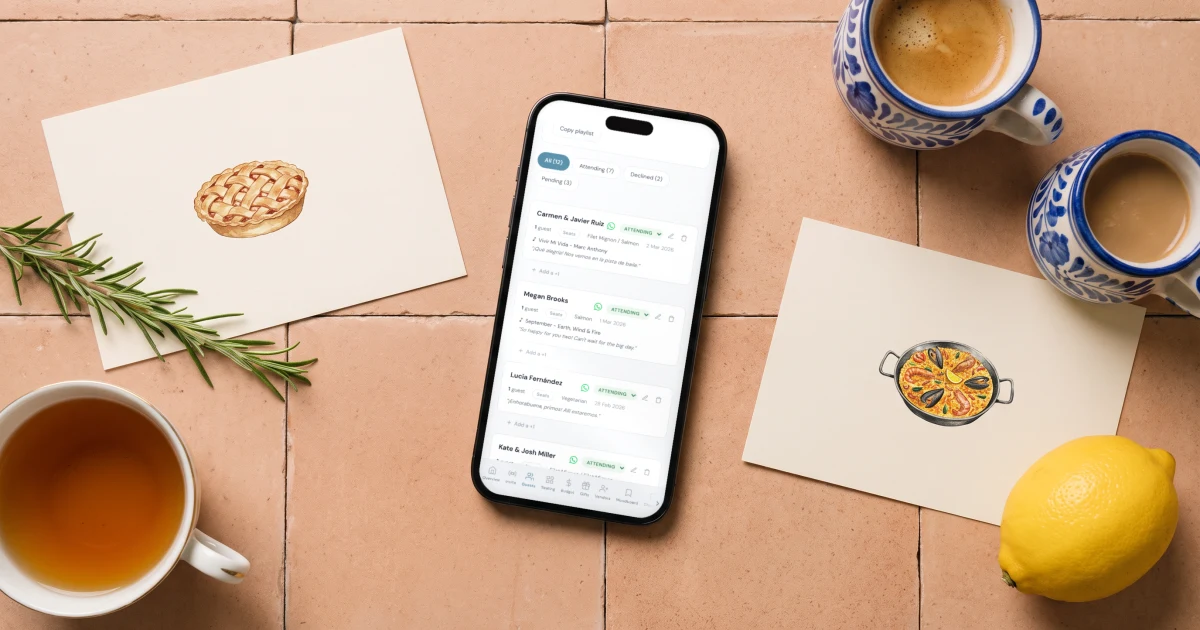 Multilingual wedding planner: a phone shows one guest list where an English-speaking and a Spanish-speaking family RSVP side by side, next to two family recipe cards