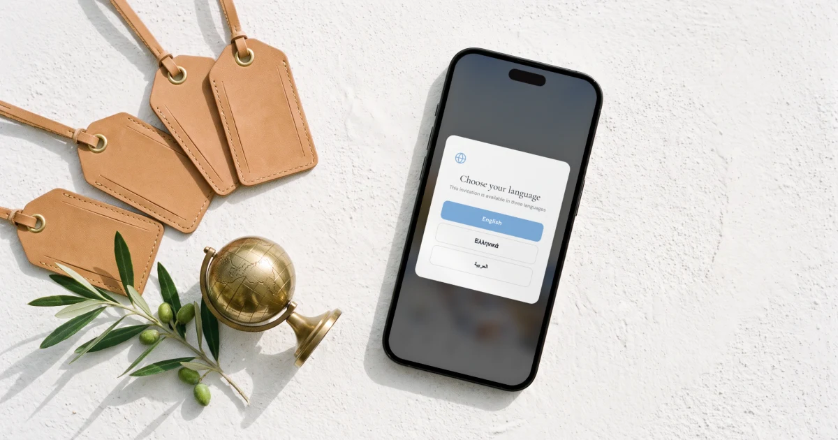 Multilingual wedding website: a phone shows the guest language switcher with English, Greek and Arabic beside luggage tags and a globe
