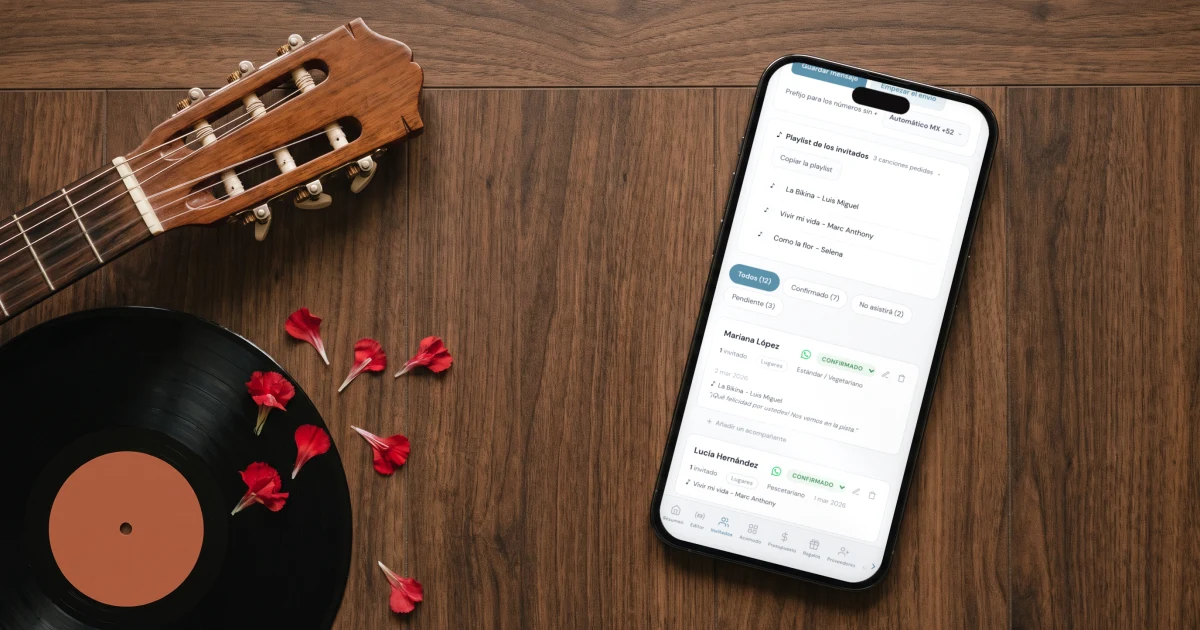 Música para boda: un teléfono muestra las canciones que piden los invitados junto a una guitarra española y un vinilo