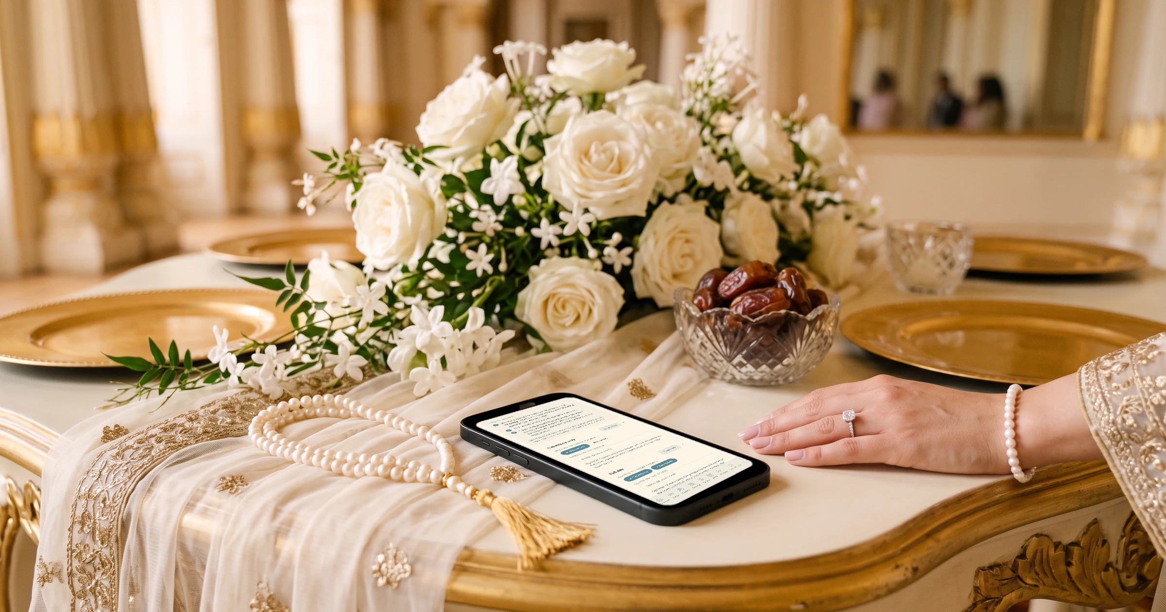 Nikah and walima invitation guest groups on a phone, each group invited to its own events, on an ivory and gold walima table with white roses, jasmine, medjool dates, pearl prayer beads and an embroidered dupatta