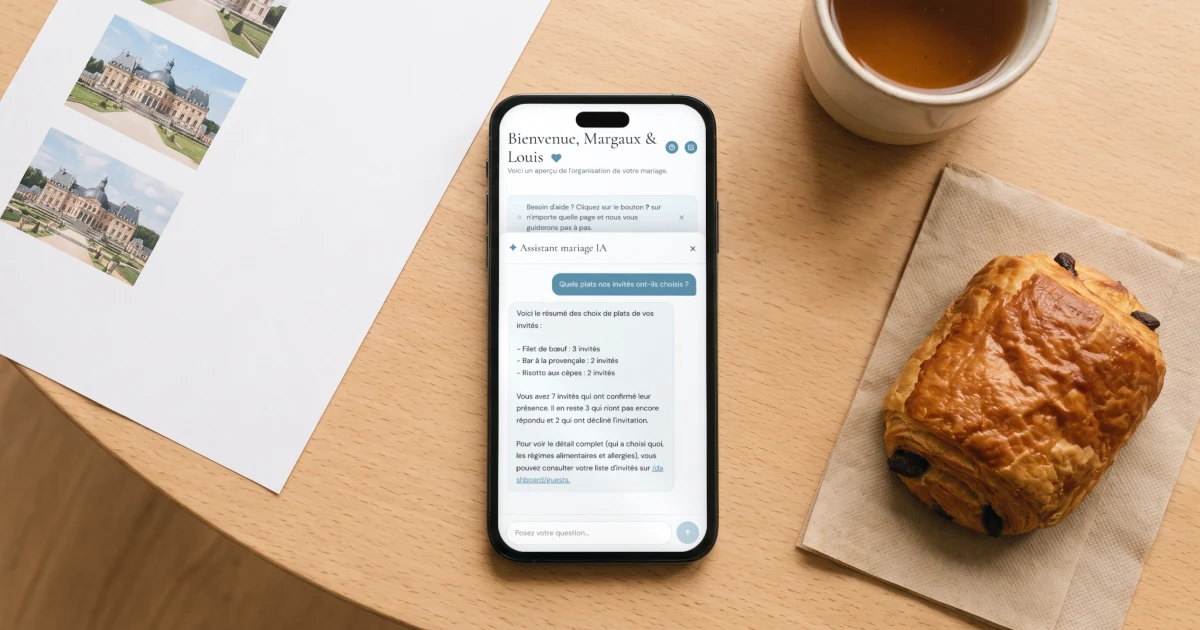 Outils d'organisation de mariage dans ChatGPT, Copilot ou Gemini : un téléphone affiche l'assistant IA de l'app qui répond avec les choix de repas réels des invités