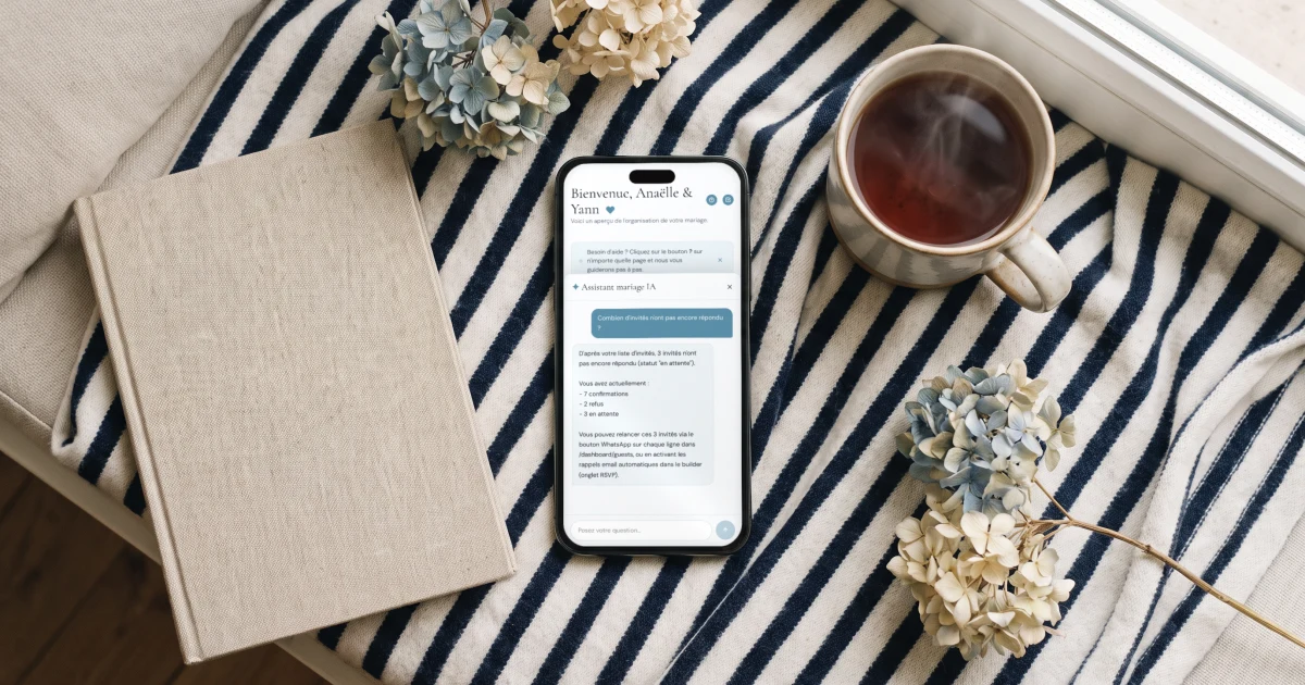 Organiser son mariage avec l'IA : un téléphone affiche l'assistant qui répond avec les vraies réponses des invités